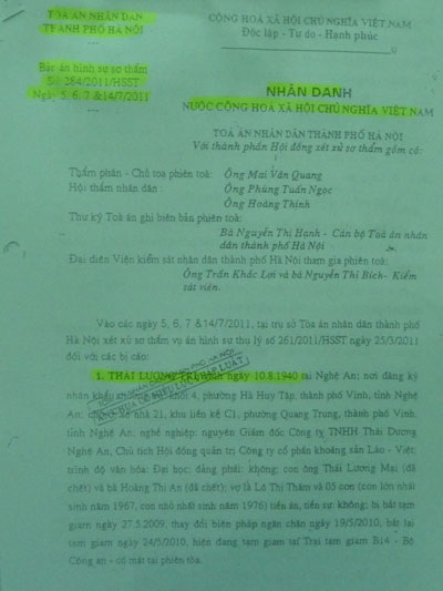 Bản án sơ thẩm của TAND TP Hà Nội