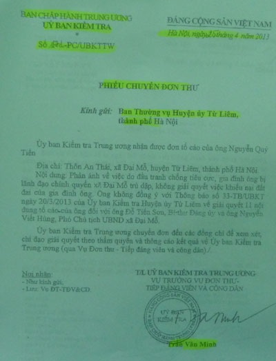 Bài 7: Ủy ban Kiểm tra Trung ương chỉ đạo làm rõ đơn tố cáo tại huyện Từ Liêm - 3 Các văn bản đề nghị giải quyết của Ủy ban Kiểm tra Trung ương