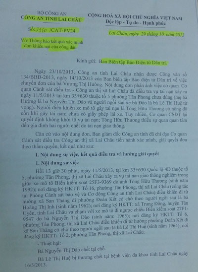 Cho xuất ngũ Công an gây tai nạn làm 2 người chết ở thị xã Lai Châu - 1 Văn bản trả lời báo Dân trí của Giám đốc Công an tỉnh Lai Châu