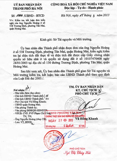 Thanh tra Chính phủ đề nghị làm rõ vụ thu hồi đất ở phường Tân Mai - 3 Văn bản chỉ đạo của UBND TP Hà Nội vẫn chưa được thực thi