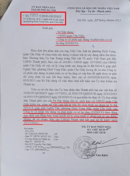 Văn bản chỉ đạo xử lý sai phạm của UBND TP Hà Nội