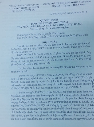 Quyết định đình chỉ xét xử phúc thẩm của TAND tối cao