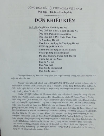 Đơn khiếu nại các hộ dân gửi đến tòa soạn báo Dân trí
