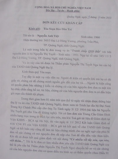Đơn kêu cứu ông Anh Việt gửi đến tòa soạn báo Dân trí