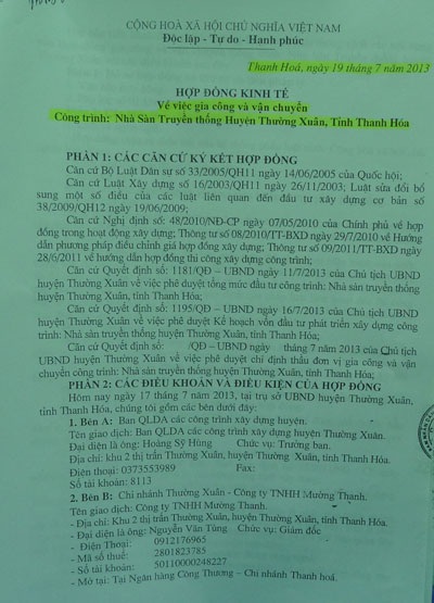Nhà thầu tố Ban QLDA huyện Thường Xuân “đánh tráo” hợp đồng - 1 Hợp đồng kinh tế gốc Công ty Mường Thanh ký với Ban QLDA huyện Thường Xuân