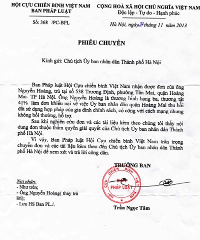 Thanh tra Chính phủ đề nghị làm rõ vụ thu hồi đất ở phường Tân Mai - 2 Hội Cựu chiến binh đề nghị xem xét, giải quyết quyền lợi cho ông Nguyễn Hoàng
