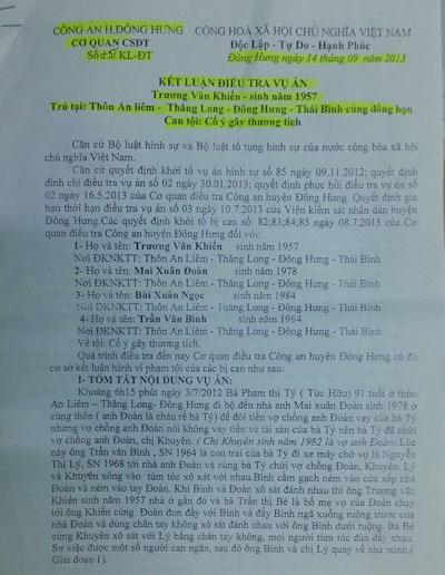 Đề nghị điều tra dấu hiệu bỏ lọt tội phạm vụ xô xát ở huyện Đông Hưng - 2 Kết luận điều tra có dấu hiệu bất thường của Công an huyện Đông Hưng