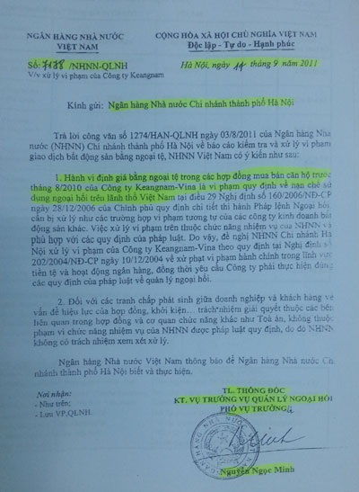 Keangnam định giá bán căn hộ bằng ngoại tệ là điều cấm kỵ - 3 NHNN chỉ rõ những vi phạm của Keangnam