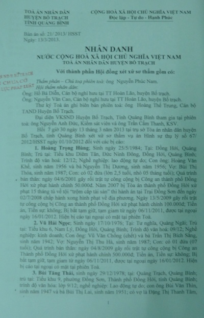 Bản án sơ thẩm của TAND huyện Bố Trạch, tỉnh Quảng Bình