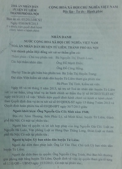 Công dân mong chờ một bản án công tâm của Tòa án Hà Nội - 1 Bản án sơ thẩm có dấu hiệu vi phạm tố tụng của Tòa án Từ Liêm