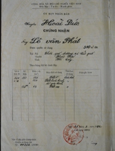 Phần diện tích này gia đình bà Oanh được cấp Giấy chứng nhận từ năm 1992