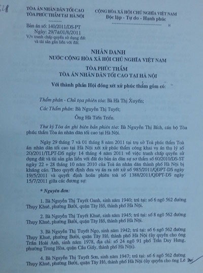Công dân quận Cầu Giấy mòn mỏi chờ được thi hành án - 1 Bản án phúc thẩm của TAND tối cao có hiệu lực từ tháng 8/2011