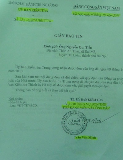 Bài 7: Ủy ban Kiểm tra Trung ương chỉ đạo làm rõ đơn tố cáo tại huyện Từ Liêm - 2 Các văn bản đề nghị giải quyết của Ủy ban Kiểm tra Trung ương