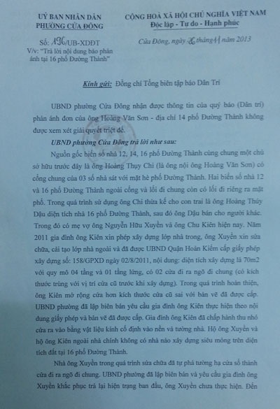 Phường Cửa Đông “giải trình” việc xử lý vi phạm xây dựng ở Đường Thành - 2 Văn bản UBND phường Cửa Đông gửi báo Dân trí