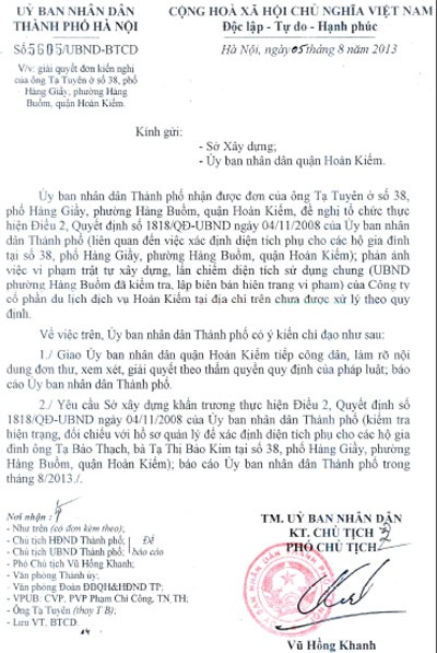 Ban Dân nguyện Quốc hội đề nghị giải quyết khiếu nại ở 38 Hàng Giầy - 2 Văn bản chỉ đạo giải quyết của Phó chủ tịch Thành phố Vũ Hồng Khanh