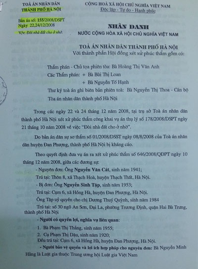 Bản án phúc thẩm đã có hiệu lực pháp luật từ năm 2008