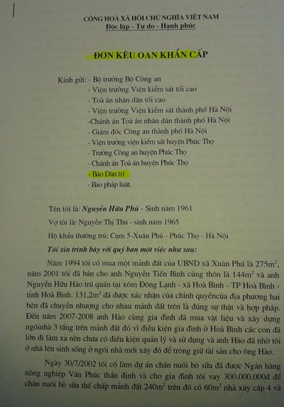 Đề nghị xem xét bản án có dấu hiệu oan sai ở huyện Phúc Thọ - 1 Đơn kêu oan của ông Nguyễn Hữu Phú gửi báo