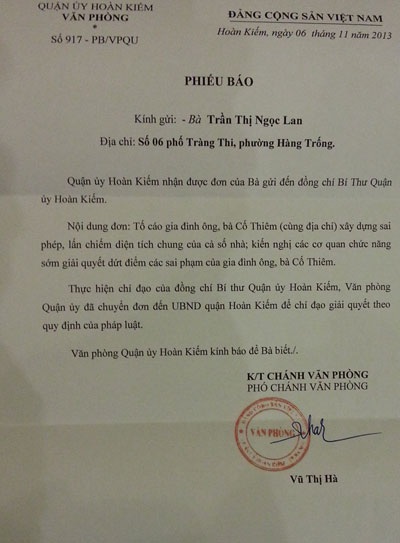 Văn bản chỉ đạo giải quyết của Quận ủy Hoàn Kiếm