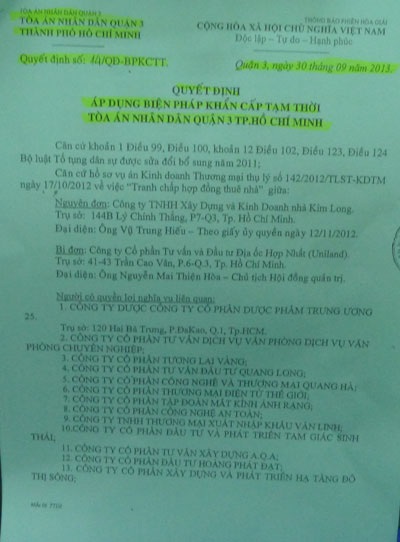 Quyết định áp dụng Biện pháp khẩn cấp của TAND quận 3