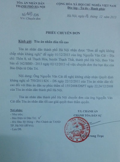 Phiếu chuyển đơn của TAND TP Hà Nội