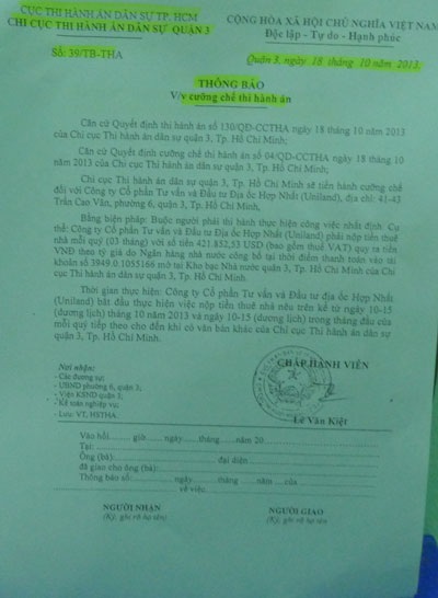 Thông báo cưỡng chế của Chi cục THADS quận 3