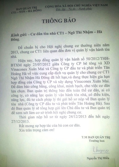 Cư dân CT1 Ngô Thì Nhậm “tố” tòa nhà chọn đơn vị vận hành sai quy trình - 2 Cư dân cho rằng Ban Quản trị tòa nhà đang đánh đố người dân