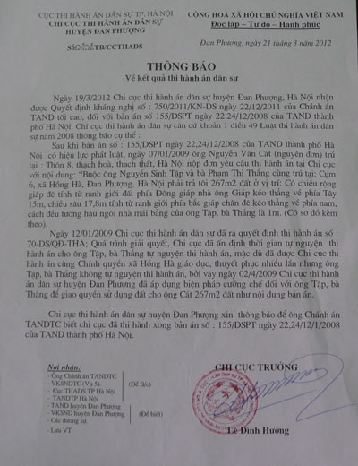 Chi cục THADS huyện Đan Phượng thông báo việc đã thi hành bản án có hiệu lực pháp luật