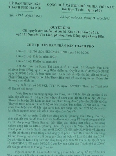 Thanh tra Chính phủ đề nghị xem xét khiếu nại của công dân phường Phúc Đồng - 1 Quyết định giải quyết khiếu nại của UBND TP Hà Nội
