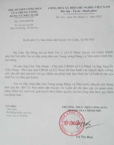 Thanh tra Chính phủ chỉ đạo làm rõ vụ đập phá tài sản ở xã Cổ Nhuế - 1 Văn bản Thanh tra Chính phủ chỉ đạo UBND huyện Từ Liêm giải quyết đơn tố cáo của bà Trần Thị Đông