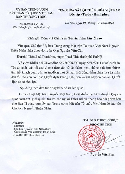 Văn bản đề nghị Tòa tối cao giải quyết khiếu nại của Trung ương MTTQ Việt Nam