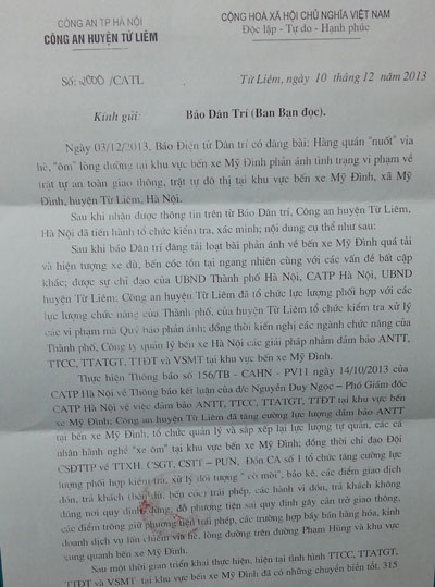 Công an huyện Từ Liêm xử lý vi phạm trật tự đô thị ở bến xe Mỹ Đình - 1 Văn bản Công an huyện Từ Liêm gửi đến báo Dân trí thông báo việc xử lý vi phạm