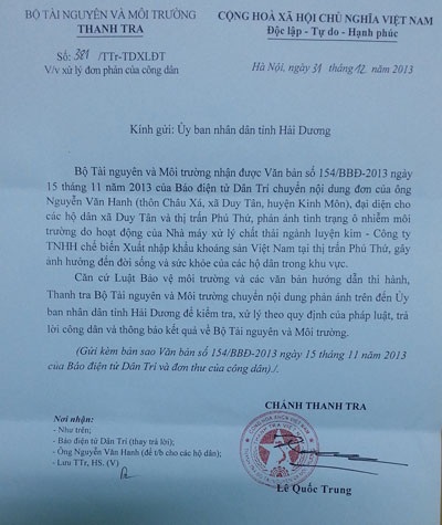 Văn bản Thanh tra Bộ TN&MT gửi UBND tỉnh Hải Dương
