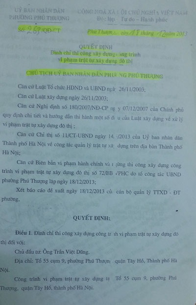 Quyết định đình chỉ thi công của Chủ tịch UBND phường Phú Thượng