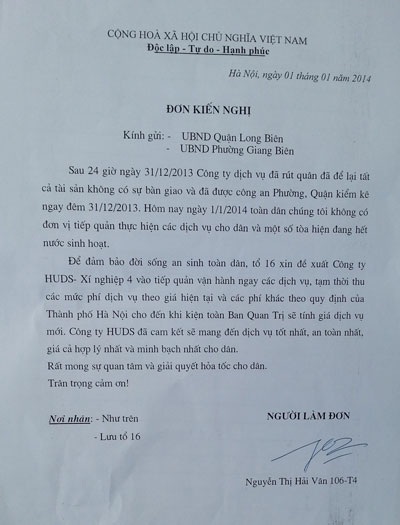 Quận Long Biên yêu cầu đảm bảo sinh hoạt khu CT18 Việt Hưng - 3 Đơn kiến nghị của đại diện cư dân