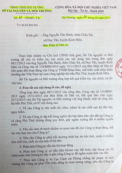 Công dân thêm bức xúc vì văn bản trả lời của Sở TN&MT Hải Dương - 5 Người dân cho rằng văn bản trả lời của Sở TN&MT Hải Dương có dấu hiệu bao che cho vi phạm