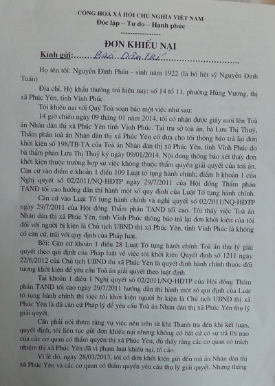 Đề nghị làm rõ việc trả đơn kiện “bất thường” của Tòa án Phúc Yên - 1 Đơn khiếu nại ông Phấn gửi đến báo Dân trí