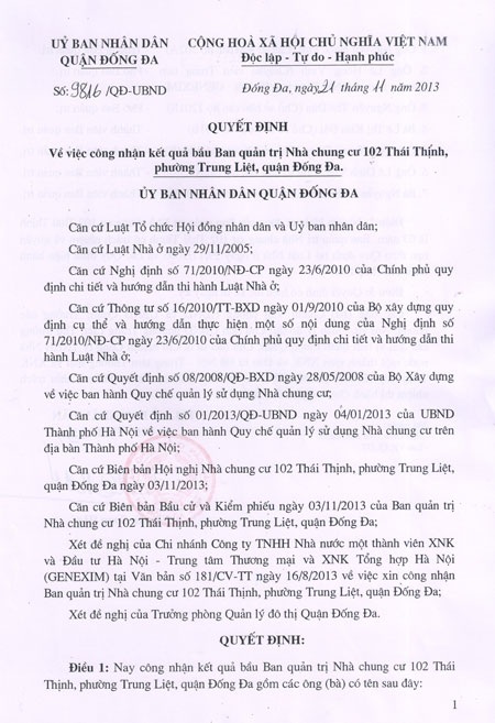 Quyết định công nhận Ban Quản trị của UBND quận Đống Đa