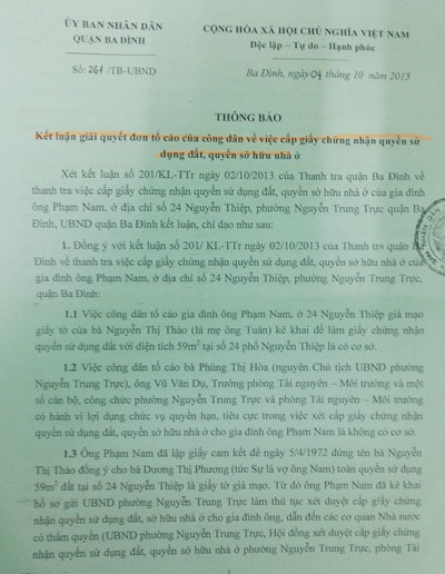 Quận Ba Đình hủy sổ đỏ cấp trái pháp luật ở 24 phố Nguyễn Thiệp - 1 Thông báo của UBND quận Ba Đình về việc giải quyết đơn khiếu nại tố cáo của ông Nguyễn Đình Tuân