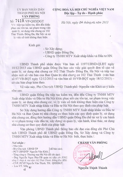 Văn bản chỉ đạo kiểm tra, khắc phục các tồn tại ở chung cư 102 Thái Thịnh của UBND TP Hà Nội