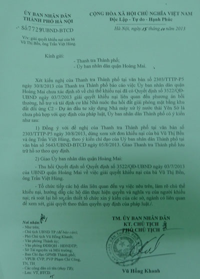 Văn bản chỉ đạo của Phó Chủ tịch Thành phố Vũ Hồng Khanh.