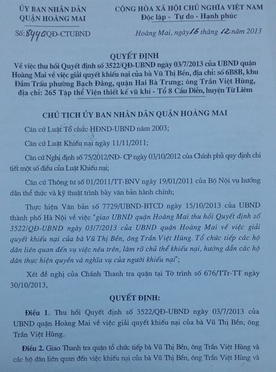 Quyết định thu hồi Quyết định giải quyết khiếu nại số 3522