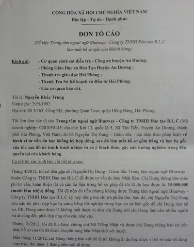 Vừa du học “hụt”, khách hàng lại khốn đốn vì trung tâm tư vấn làm mất hồ sơ gốc - 1 Đơn tố cáo anh Nguyễn Khắc Trung gửi các cơ quan chức năng