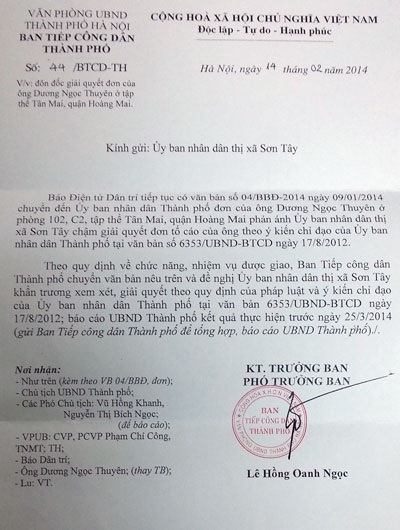 TP Hà Nội chỉ đạo khẩn trương giải quyết vụ Đại tá Quân đội bị mất đất - 2 UBND TP Hà Nội yêu cầu thị xã Sơn Tây thực hiện nghiêm túc ý kiến chỉ đạo của