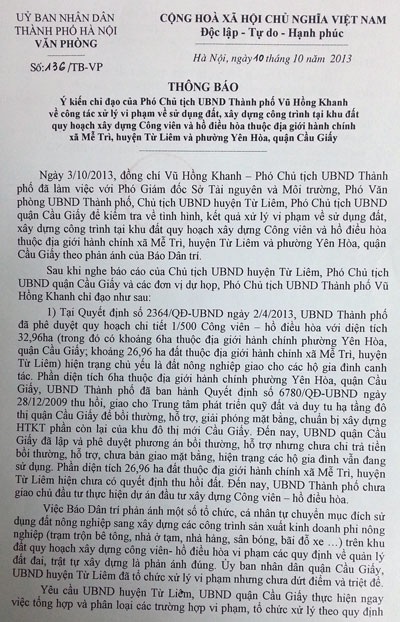 Tháng 10/2013, UBND TP Hà Nội đã ra văn bản chỉ đạo xử lý