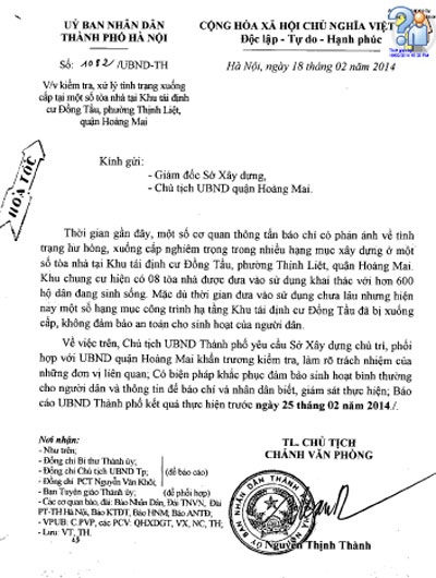 Bắt đầu “giải cứu” khu tái định cư Đồng Tàu từ tháng 3/2014 - 1 Văn bản truyền đạt ý kiến chỉ đạo của Chủ tịch TP Hà Nội