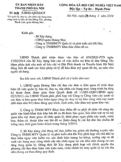 Văn bản đốc thúc giải cứu của UBND TP Hà Nội