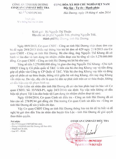"Công an tỉnh Hải Dương có dấu hiệu dân sự hóa một vụ án hình sự" - 1 Bà Thuận cho rằng Công an tỉnh Hải Dương có dấu hiệu bao che hành vi vi phạm pháp luật