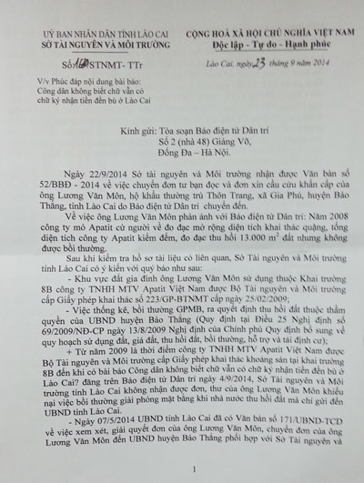 Văn bản hồi âm của Sở TN&MT tỉnh Lào Cai