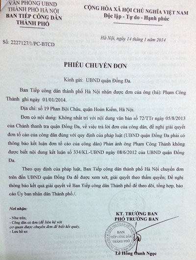 Phiếu chuyển đơn đề nghị giải quyết của Ban Tiếp công dân TP Hà Nội