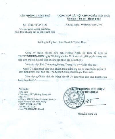 Văn phòng Chính phủ chỉ đạo giải quyết dứt điểm vụ tranh chấp tại Thanh Hóa - 2 Văn bản chỉ đạo giải quyết của Văn phòng Chính phủ